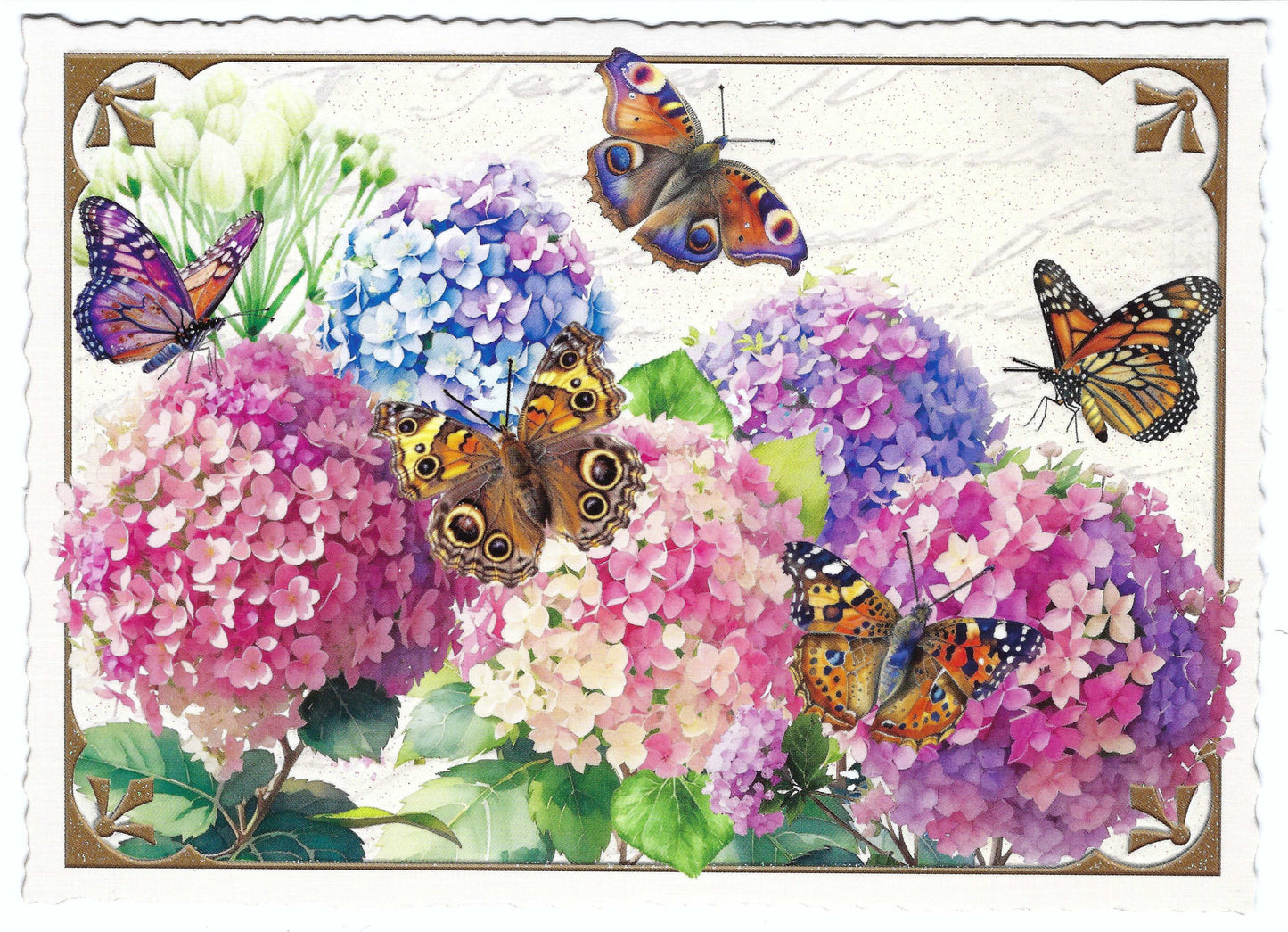 Edition Tausendschön postcard featuring a vibrant floral design with butterflies of various colors and sizes, and a serrated edge.