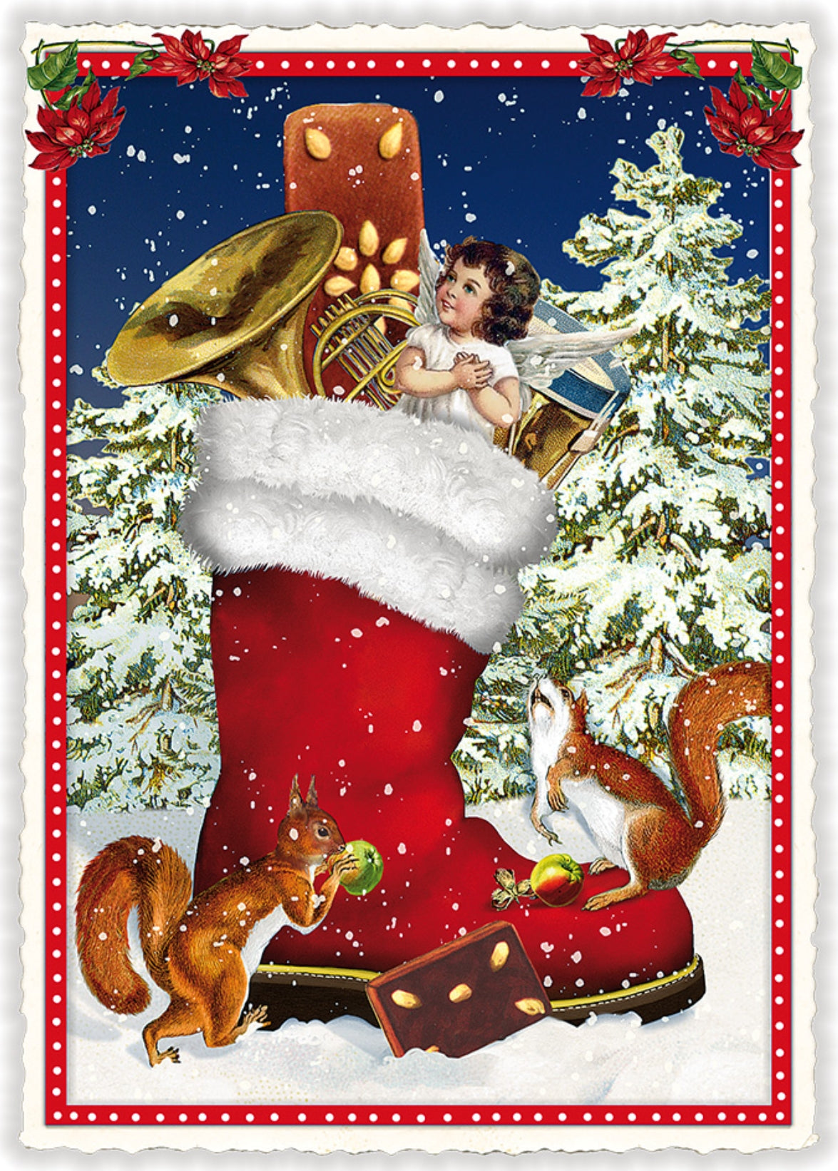 Edition Tausendschön Christmas Postcard – Festive Boot Filled with Toys, Squirrels, and Holiday Cheer – Glitter Details, Serrated Edge, Art Paper – Perfect for Postcrossing, Snail Mail, and Collectors