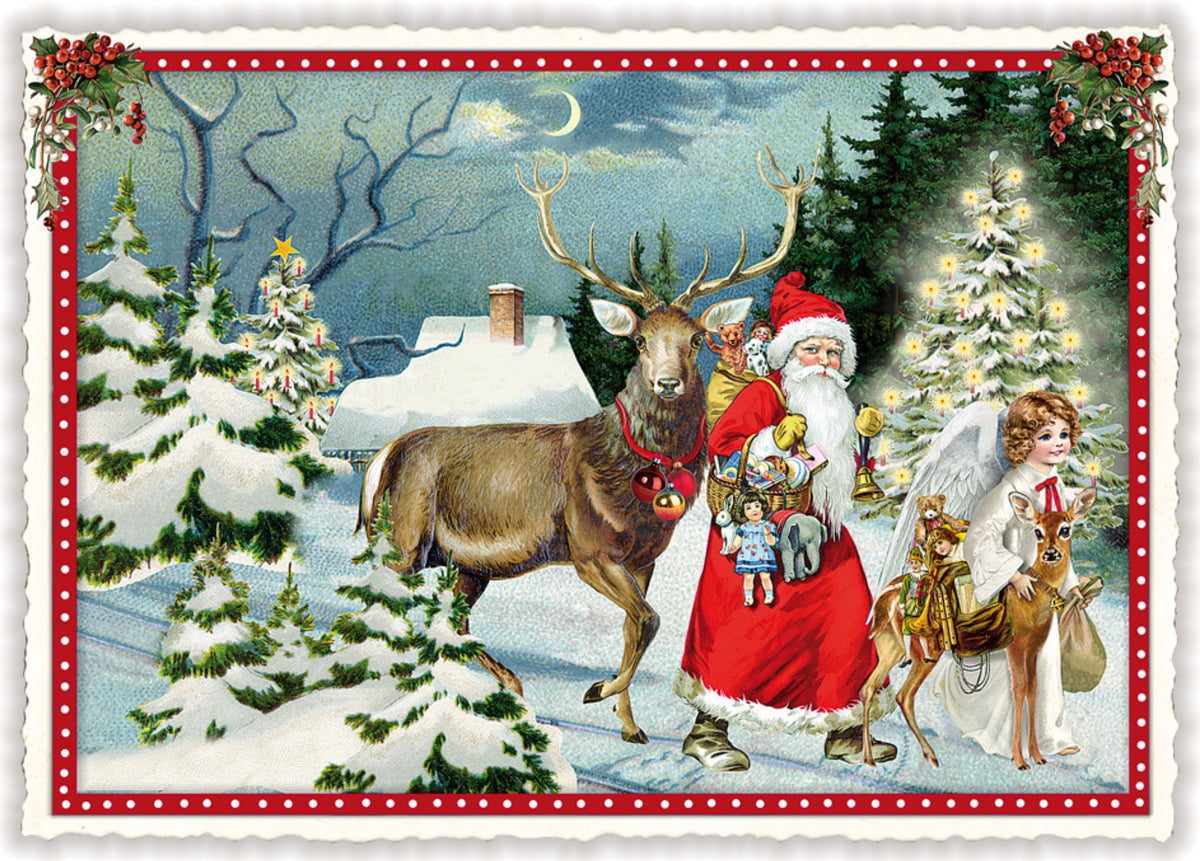Edition Tausendschön Christmas Postcard – Santa Claus with Reindeer and Angel in Snowy Forest – Glitter Details, Serrated Edge, Art Paper – Holiday Mail for Postcrossing, Snail Mail, and Collectors