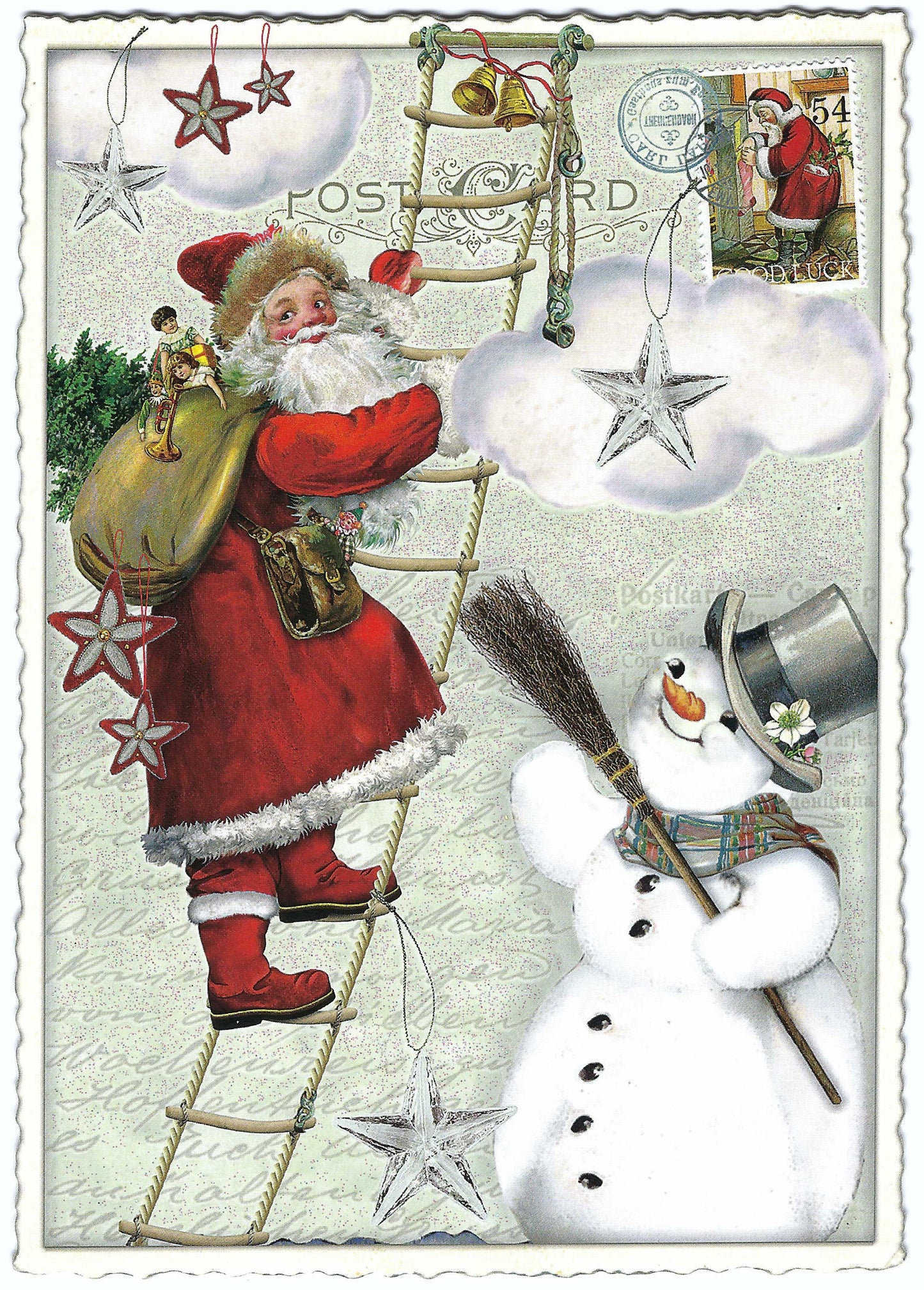 Edition Tausendschön Christmas Postcard – Santa Claus and Snowman in Festive Winter Scene – Glitter Details, Serrated Edge, Art Paper – Holiday Postcard for Snail Mail, Postcrossing, and Collectors