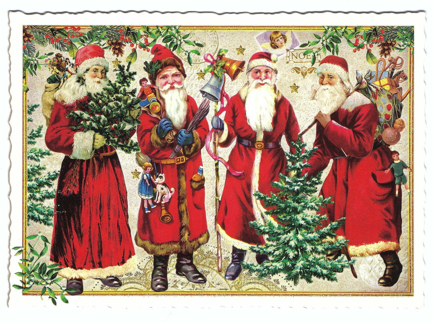 Edition Tausendschön Christmas Postcard – Four Santa Claus Figures with Toys, Tree, and Holiday Decor – Glitter Accents, Serrated Edge, Art Paper – Festive Mail for Postcrossing, Snail Mail, and Collectors