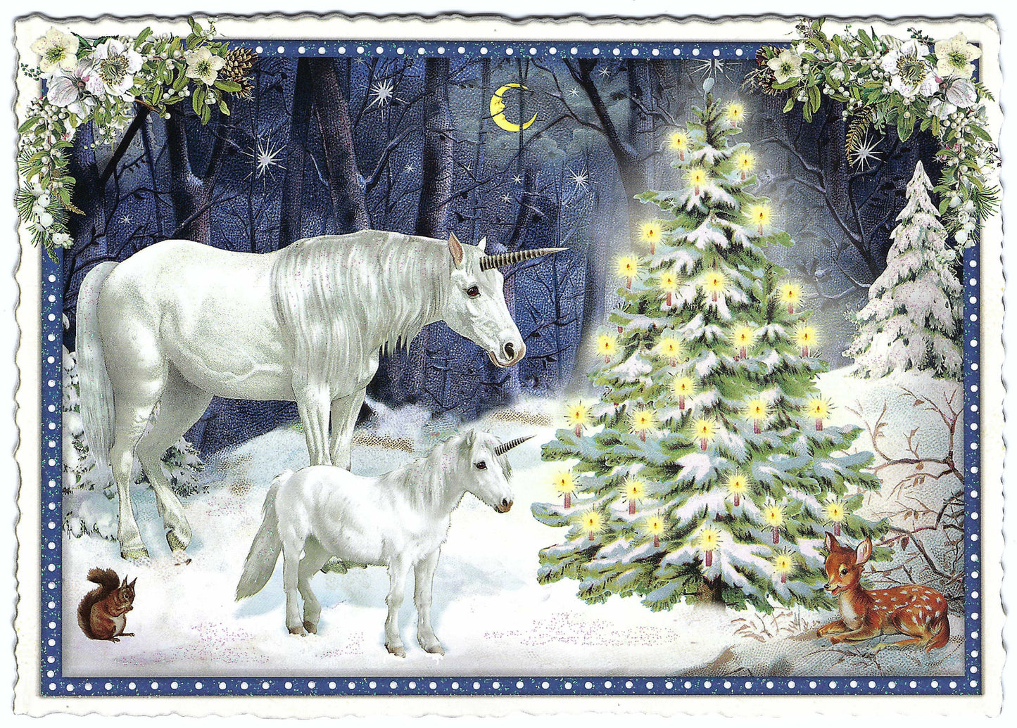 Edition Tausendschön Christmas Postcard – Glitter Unicorn in Winter Forest with Wildlife – Serrated Edge, Art Paper – Holiday Mail for Postcrossing, Snail Mail, and Collectors
