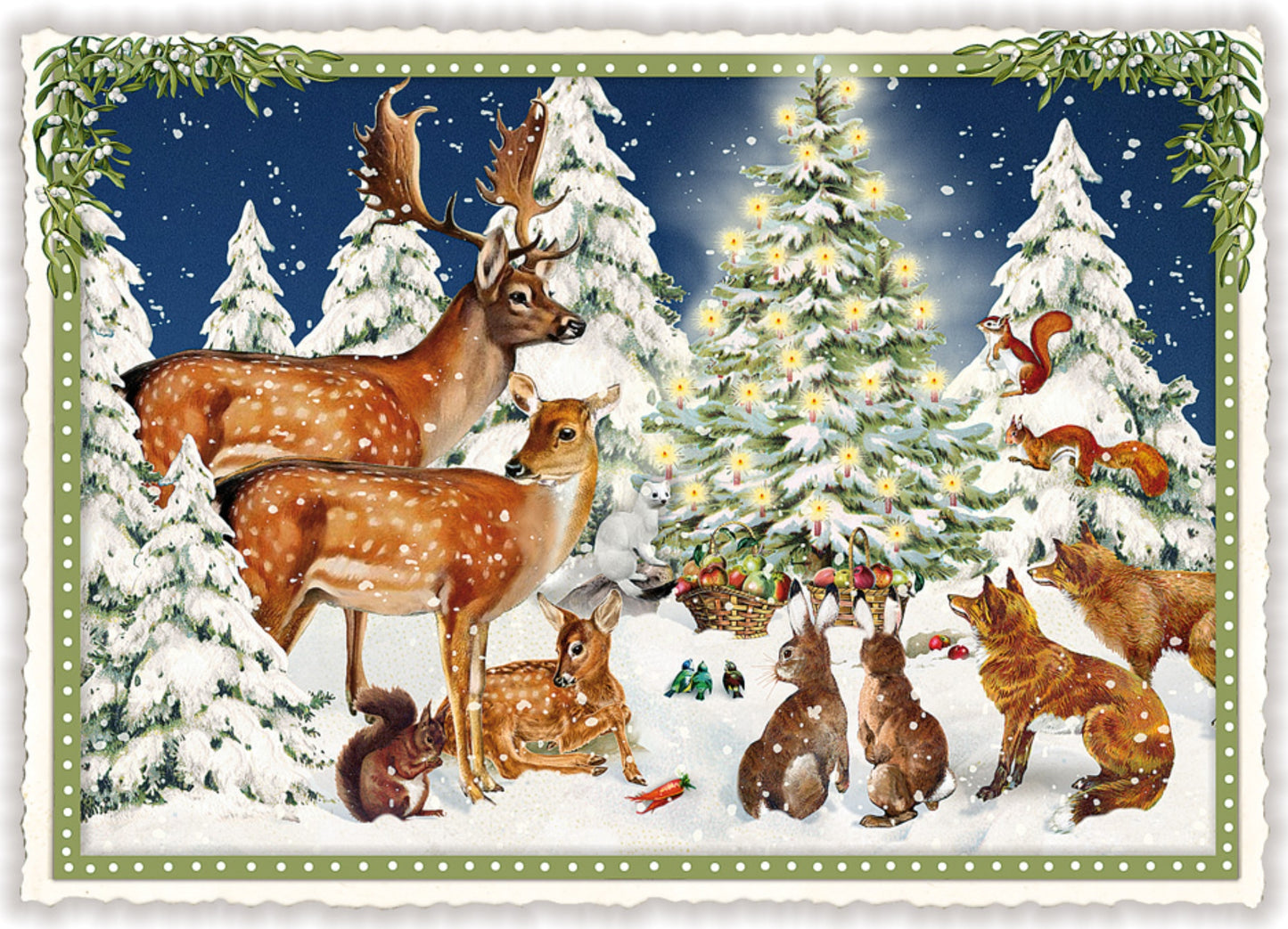 Edition Tausendschön Christmas Postcard – Forest Animals Around Decorated Tree – Glitter Details, Serrated Edge, Art Paper – Holiday Mail for Postcrossing, Snail Mail, and Collectors