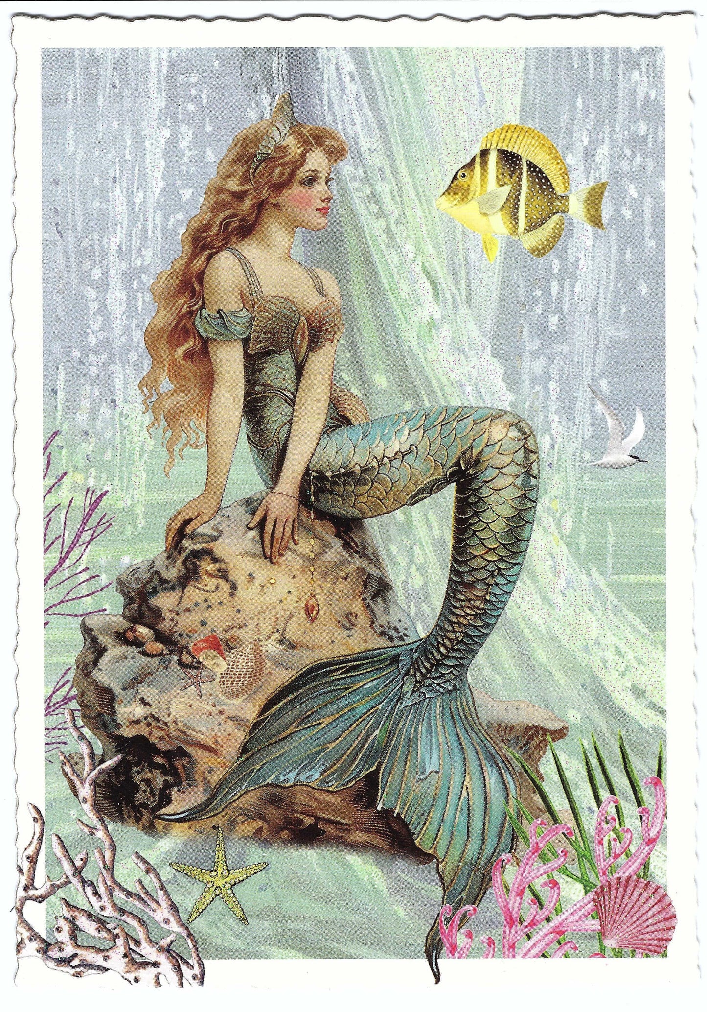 Mermaid Postcard by Edition Tausendschön Mermaid featuring a mermaid sitting on a rock with a background of sea creatures coral