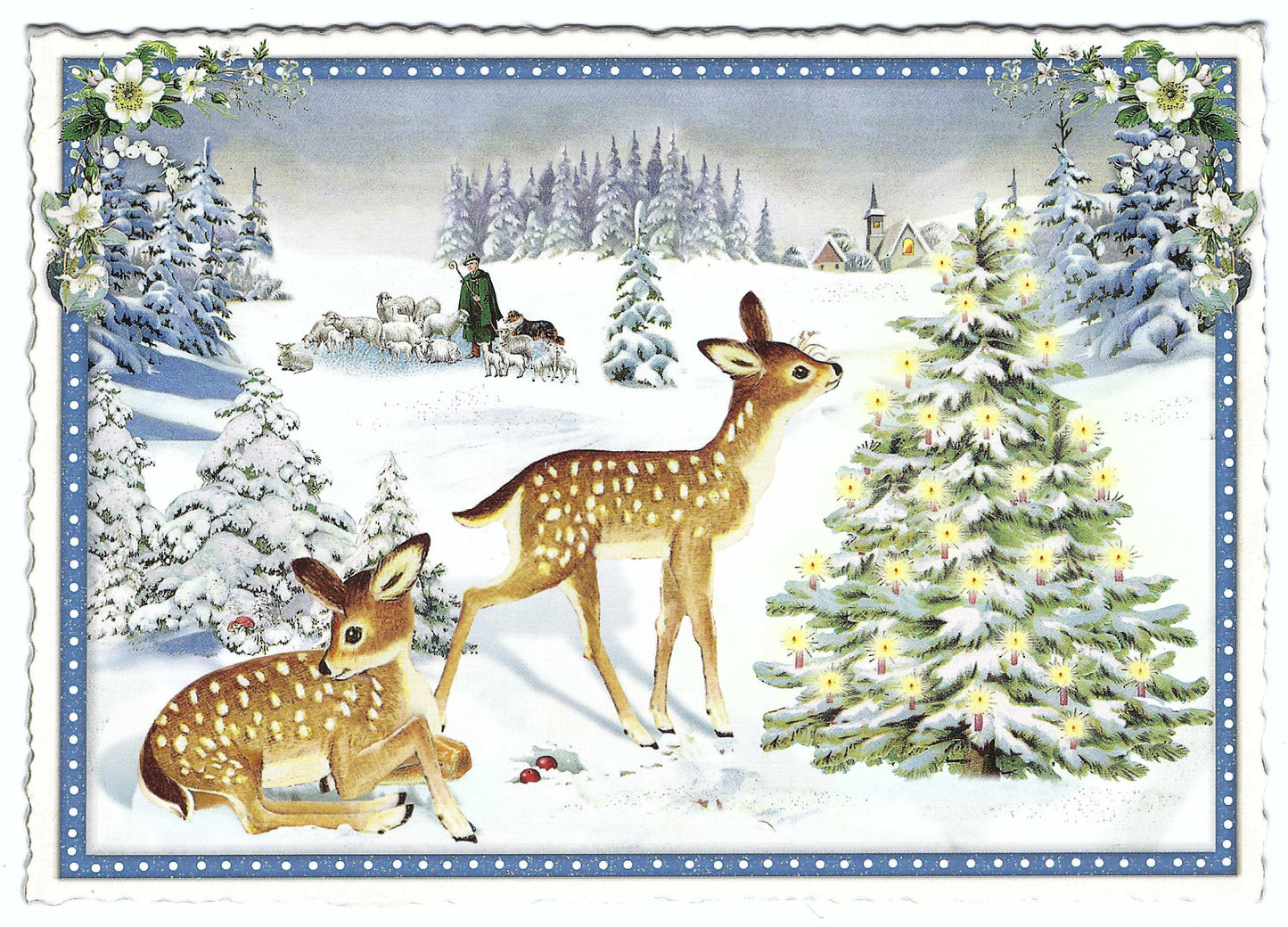 Edition Tausendschön Christmas Postcard – Deer in Snow with Decorated Tree – Glitter Accents, Serrated Edge, Art Paper – Holiday Mail for Postcrossing, Snail Mail, and Collectors