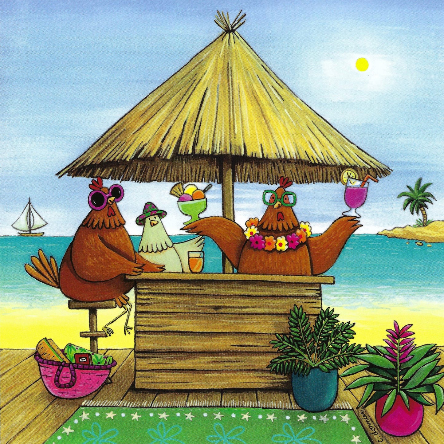Editions Titi Pinson - Chickens - Hens - Vacation - Tropical - Cocktails - Postcard