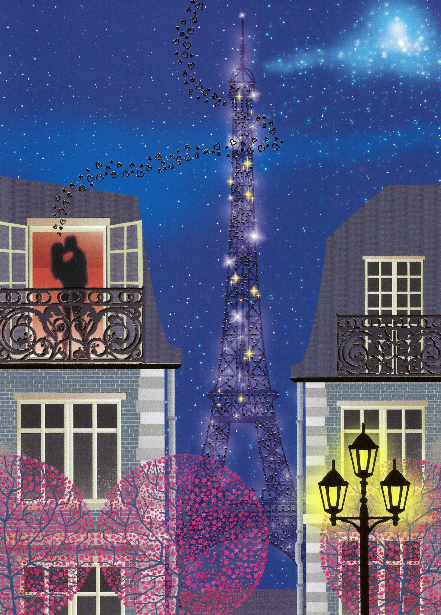 Editor - Art of Emotion - Love - Couple - Romance - Paris - Eiffel Tower at Night - France - Postcard with gold foil details