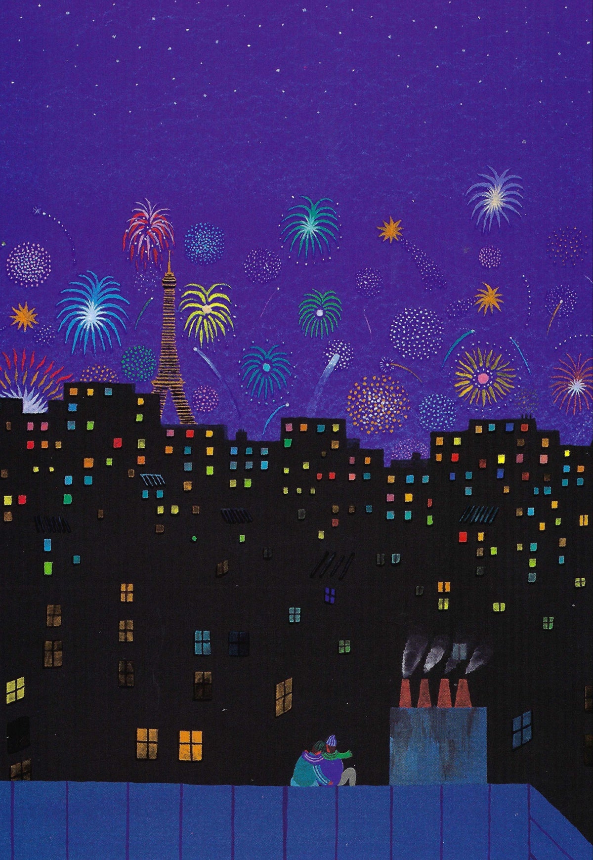 Rooftop Fireworks in Paris Postcard by Editor - Art of Emotion featuring a Paris cityscape with colorful fireworks against a dark sky
