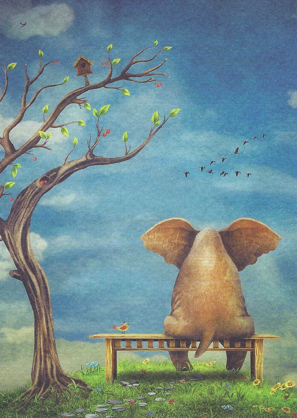 Elephant and Bird on a Bench Postcard featuring an illustration of an elephant sitting on a bench under a tree with birds, set against a blue sky.