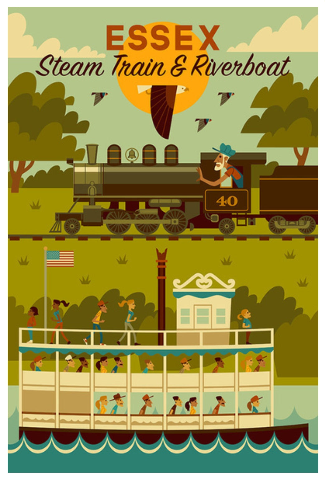 Essex Steam Train and Connecticut Riverboat postcard by Lantern Press – geometric travel art in bold colors, featuring stylized train and boat scene in Essex, Connecticut