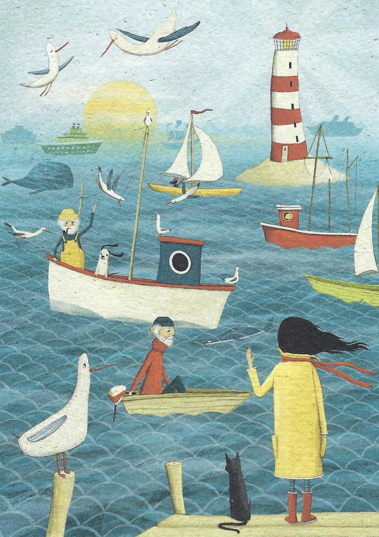 Fisherman's Greeting Postcard featuring an illustration of people on boats and a lighthouse, seagulls, a black cat, and a dog against a blue sea background