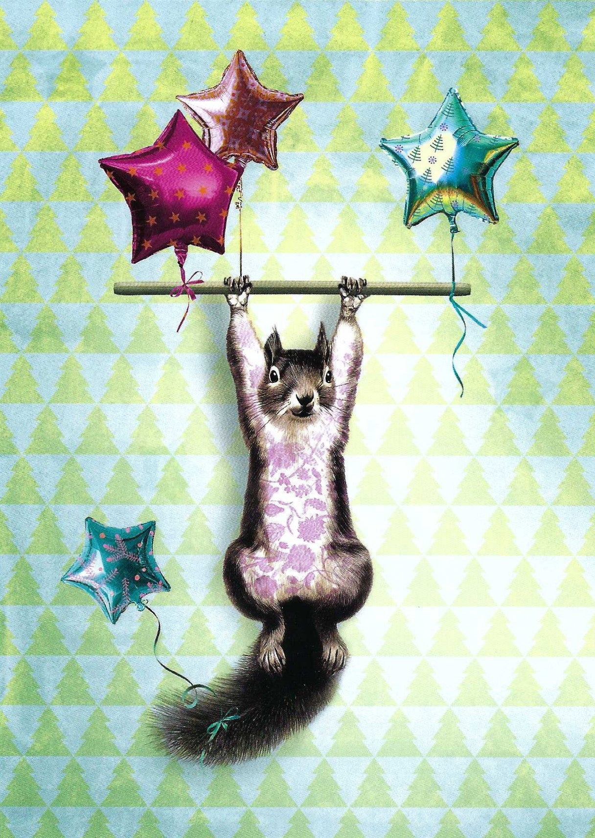 Flying Squirrel Postcard by La Tack for Nobis Design featuring a squirrel hanging from a bar with star-shaped balloons floating around it, set against a green and light blue geometric patterned background.