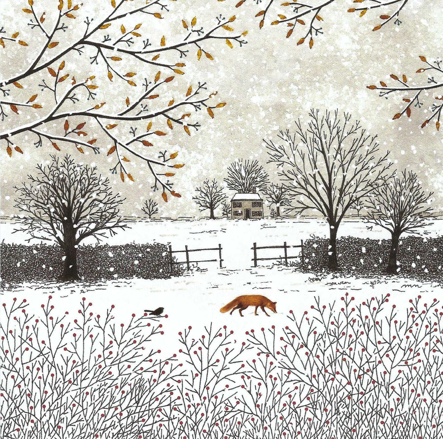 Fox in the Field Postcard by Editions Titi Pinson featuring a winter landscape with trees, a house, and a fox in the snow.