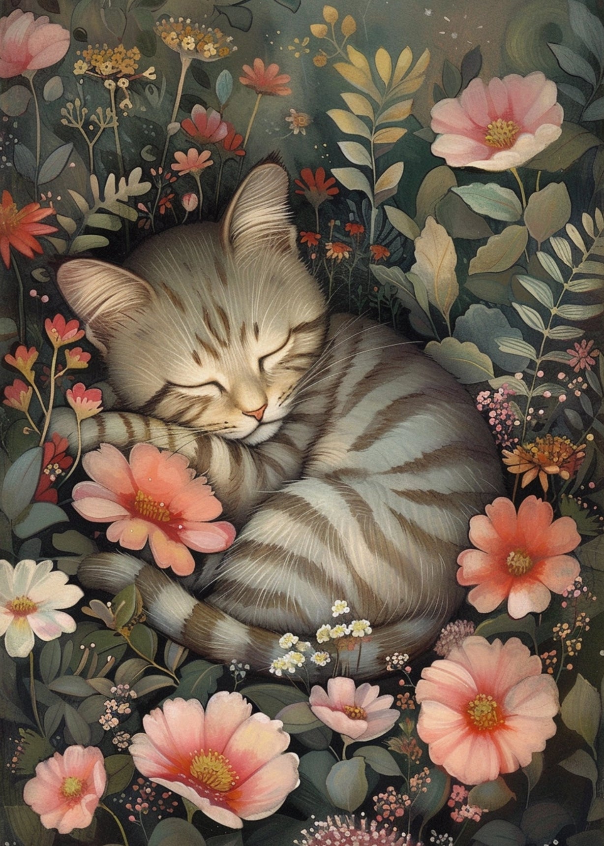 Cat Postcard by Fripperies featuring a sleeping grey tabby cat surrounded by flowers.
