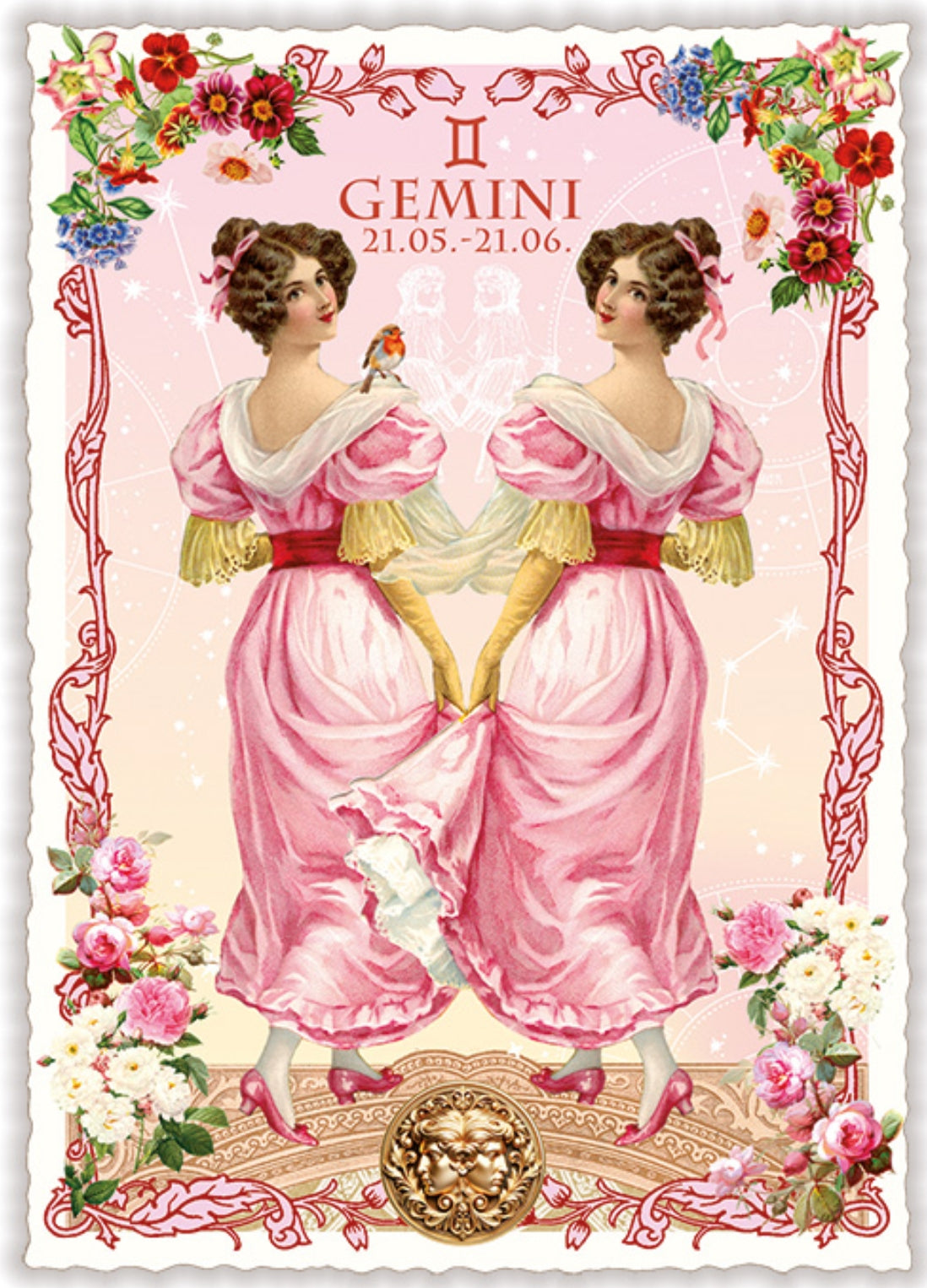 Gemini Zodiac Sign Postcard by Edition Tausendschön featuring a vintage-style illustration of twins in pink dresses with floral decorations, representing Gemini zodiac sign.