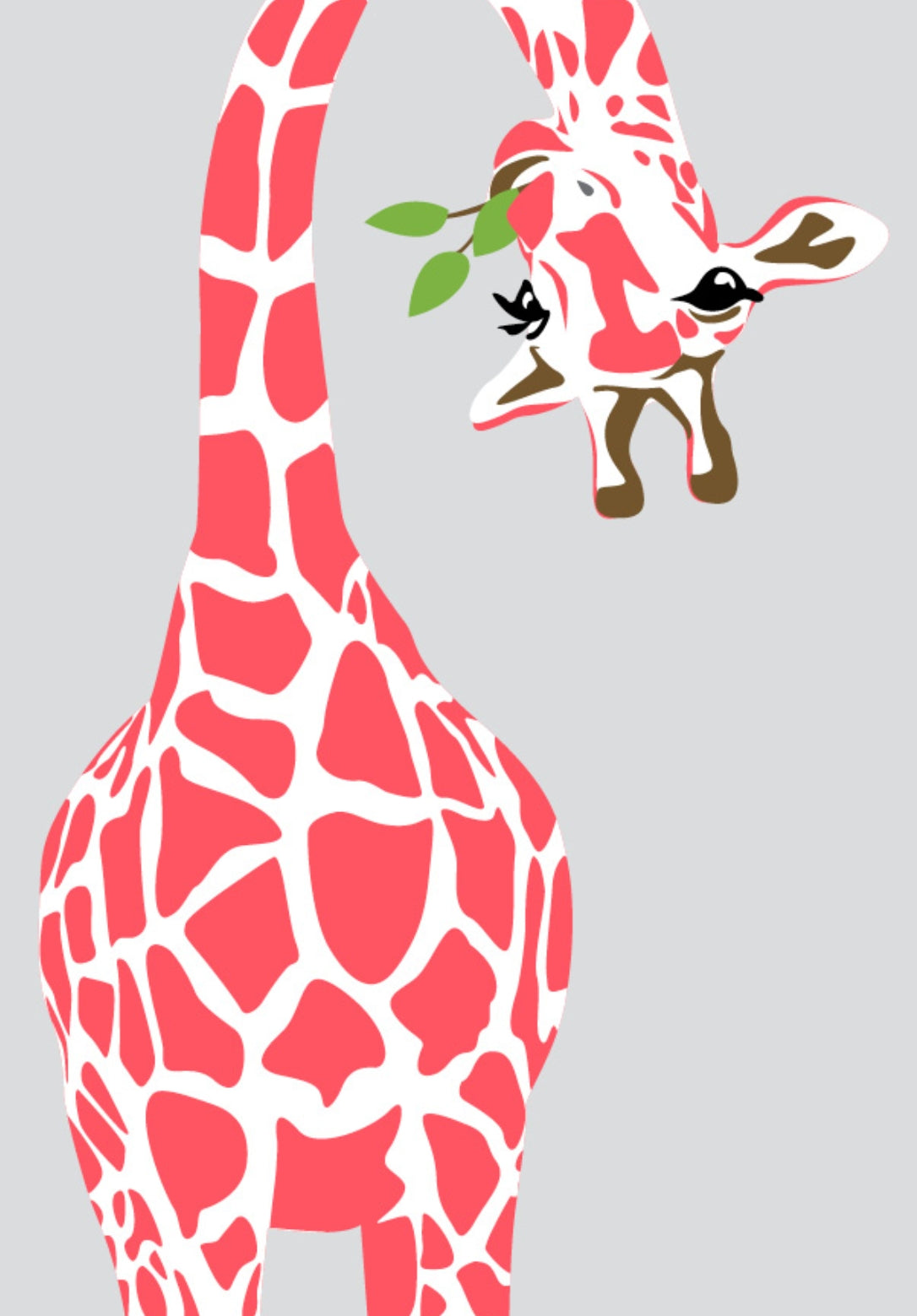 Giraffe Postcard by Nobis Design featuring a giraffe with green leaves in its mouth, set against a light gray background.