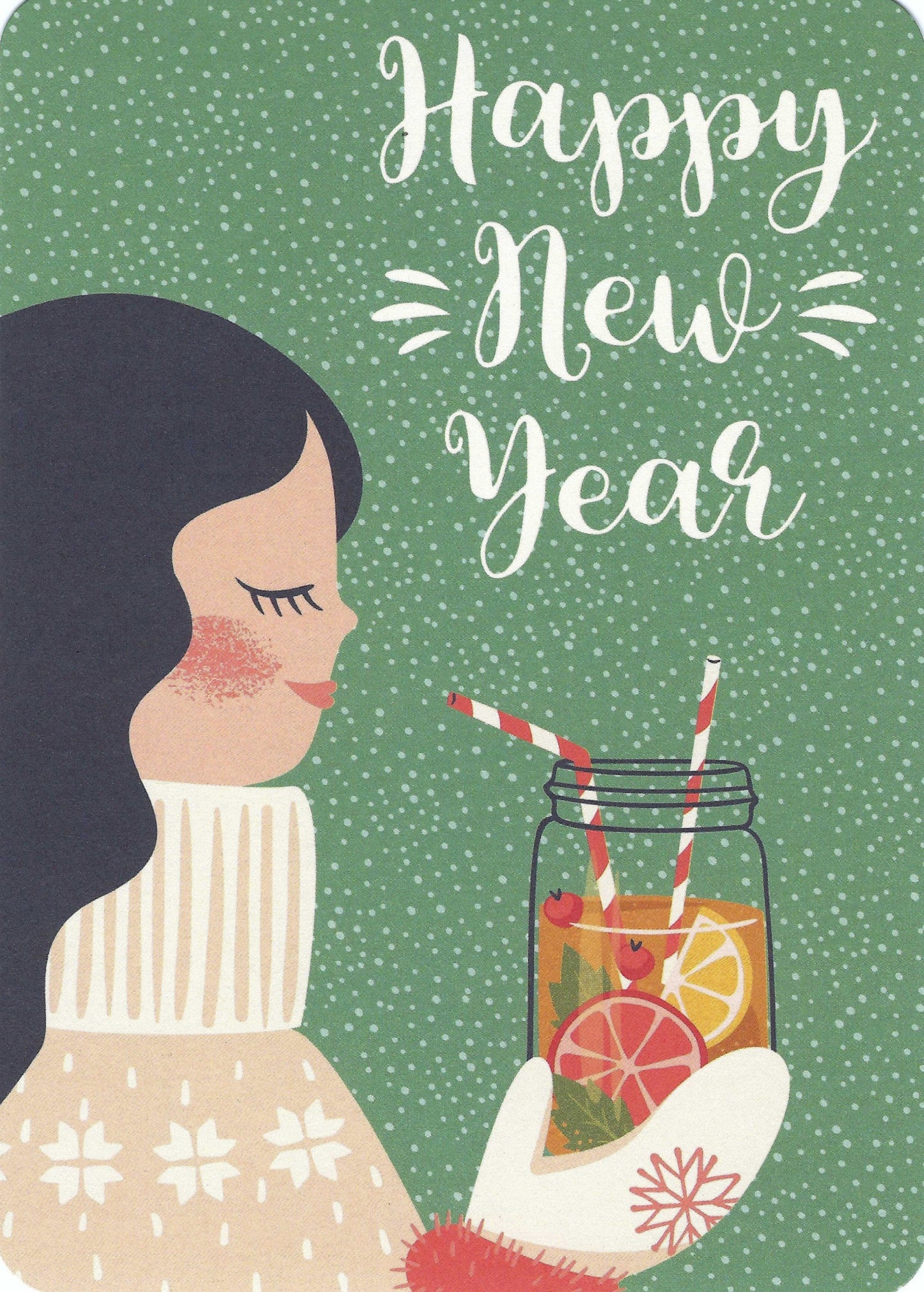 Happy New Year postcard by Gutrath Verlag featuring girl in sweater and mittens with winter background on high-quality card