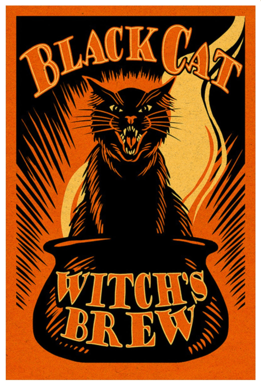 Lantern Press Halloween Postcard featuring a Vintage-style postcard with a black cat in a pot labeled 'Witch's Brew' on an orange background.