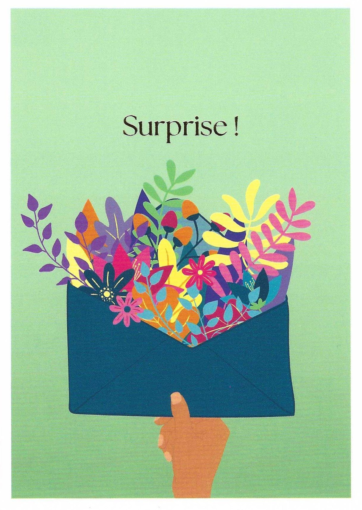 Happy Mail Bouquet Postcard with foil details by Editor - Art of Emotion featuring colorful flowers spilling out of an envelope on a green background