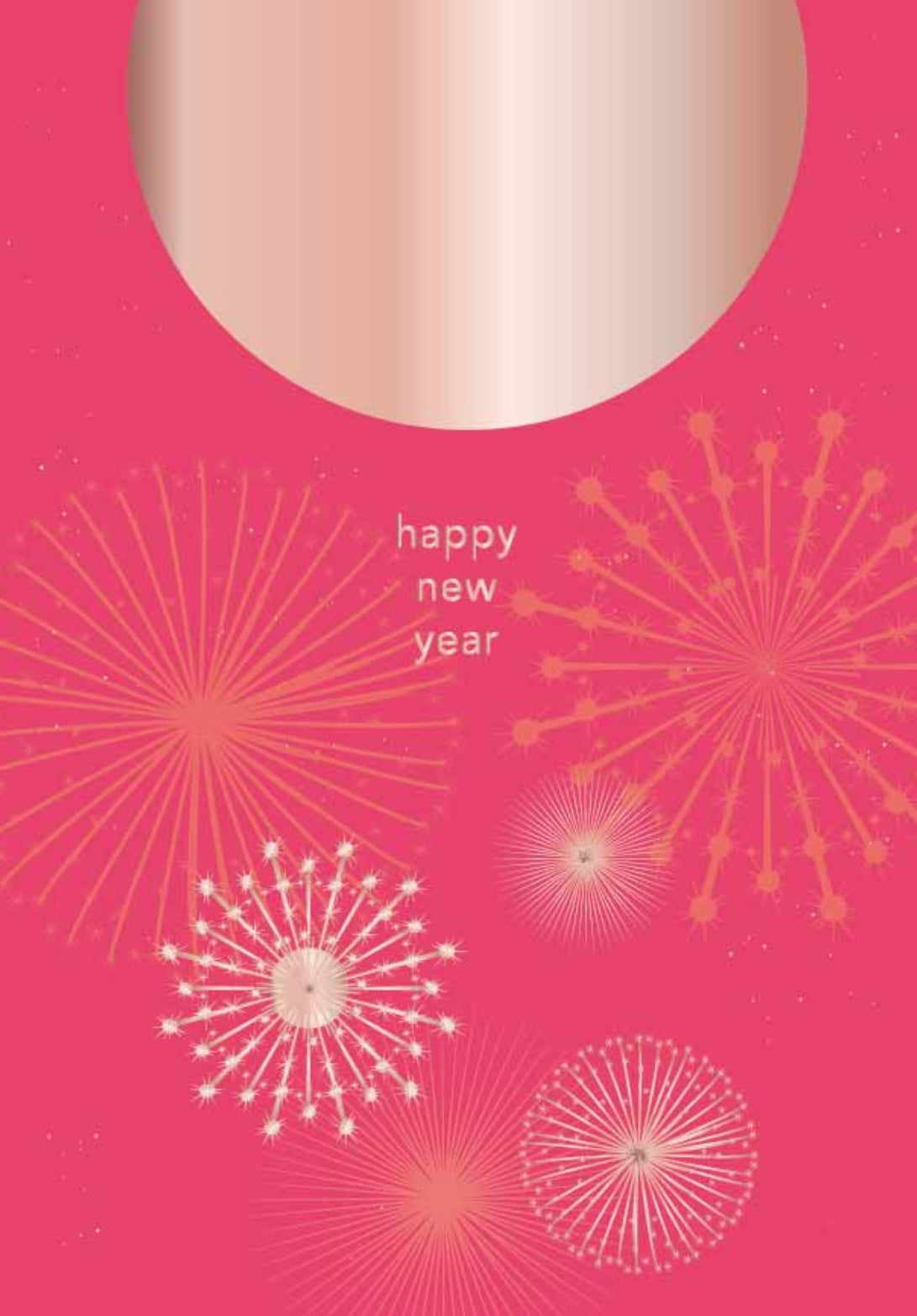 Happy New Year Postcard by Nobis Design featuring fireworks and the text 'happy new year' in the center with gold foil accents.