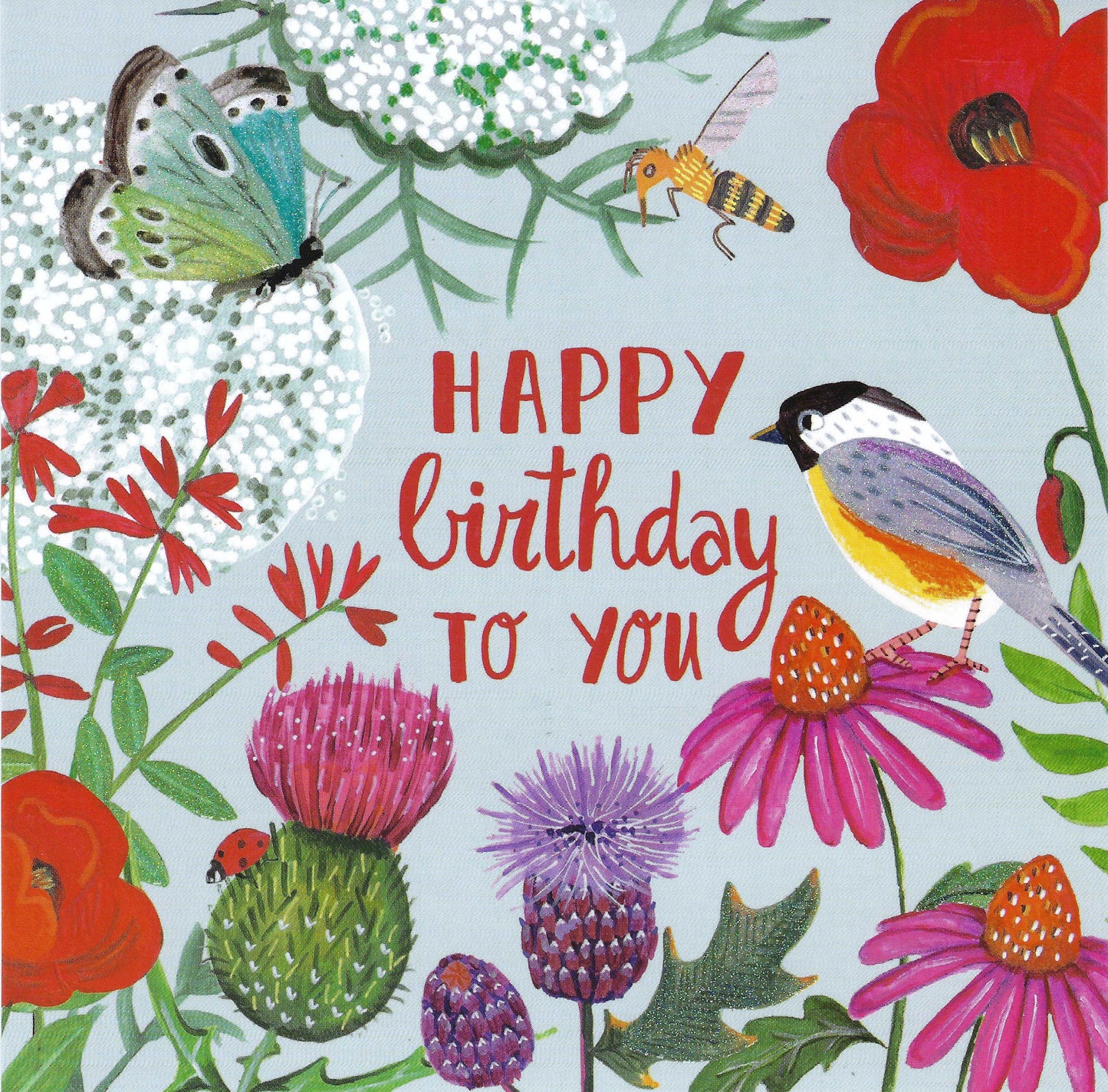 Happy Birthday Postcard by Caroline Bonne Müller with butterfly, bee, bird and flowers