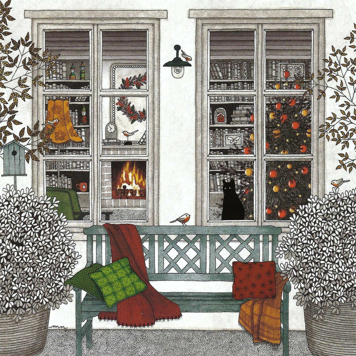 Holiday Warmth Postcard by Editions Titi Pinson featuring an illustration of a black cat looking out the window of a cozy room with a fireplace, bookshelves and Christmas Tree. There is a bench with blankets in the front of the window.