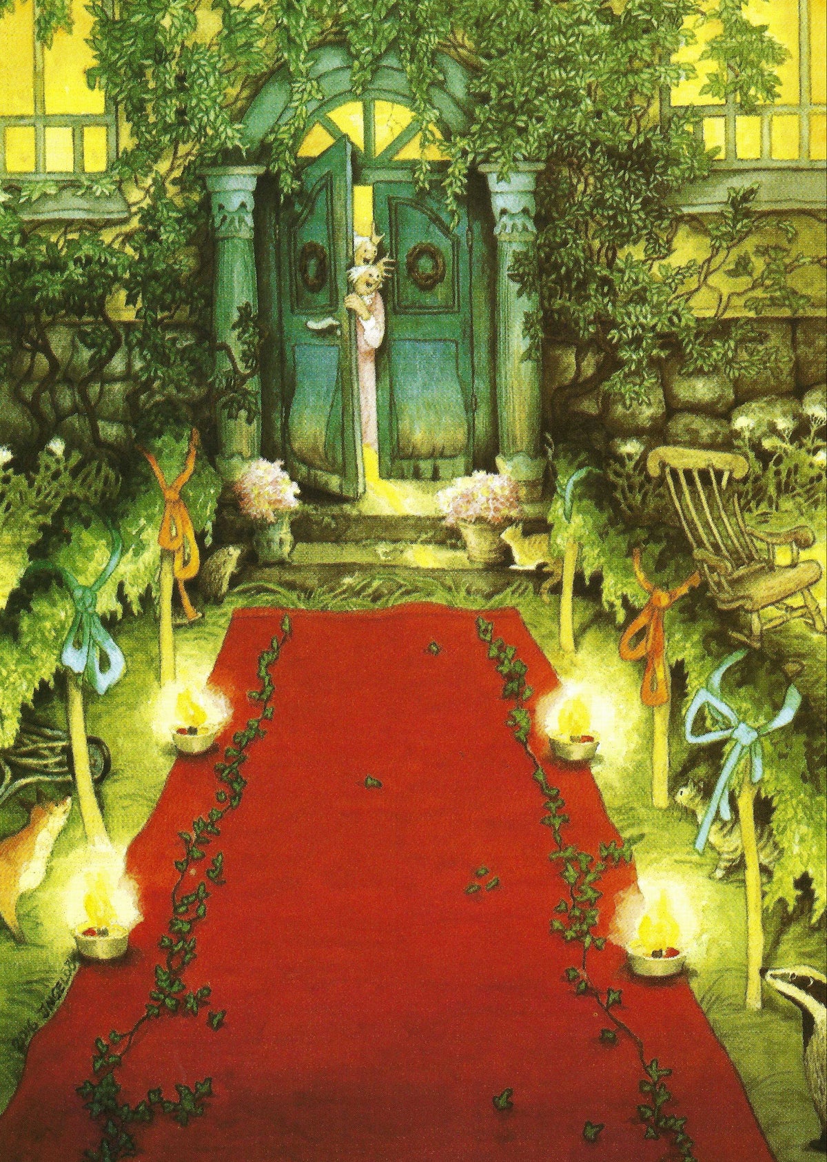 Inge Löök Postcard featuring the Aunties smiling and looking out from a doorway, surrounded by greenery and flowers, with a red carpet leading up to the door and animals peekng from the shrubbery.