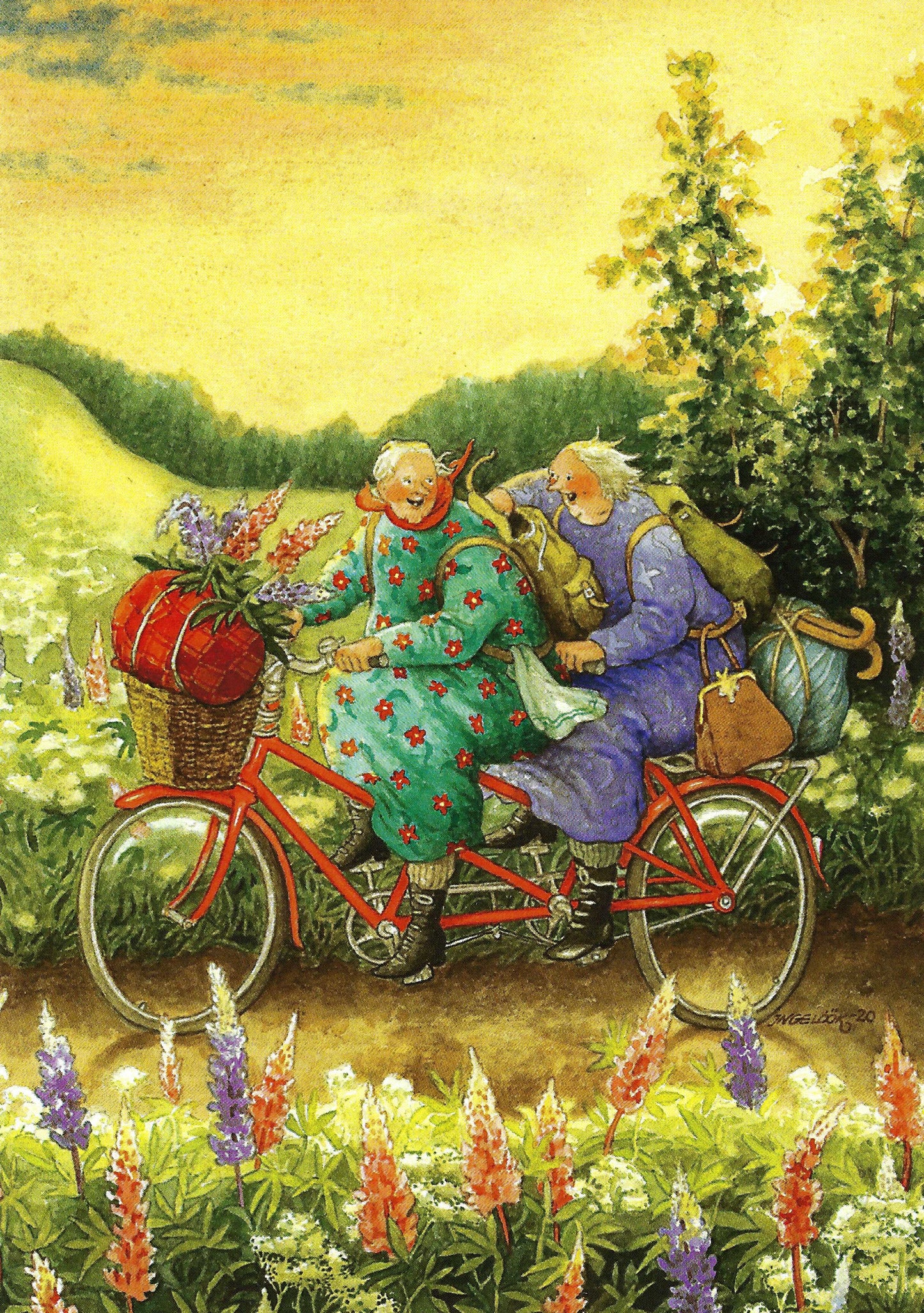 Inge Löök - Aunties - Friends - Old Ladies - Women Ride Tandem Bicycle - Lupines - IN68 - Postcard