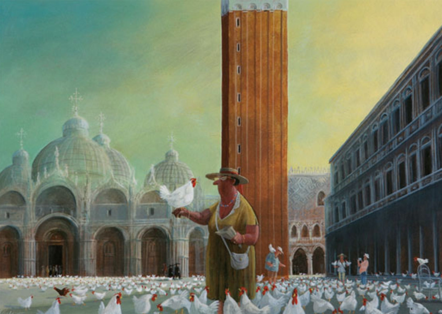 Inkognito postcard by Gerhard Glück featuring chickens in Venice’s Piazza San Marco—humorous illustration with satirical charm, perfect for Postcrossing and collectors.