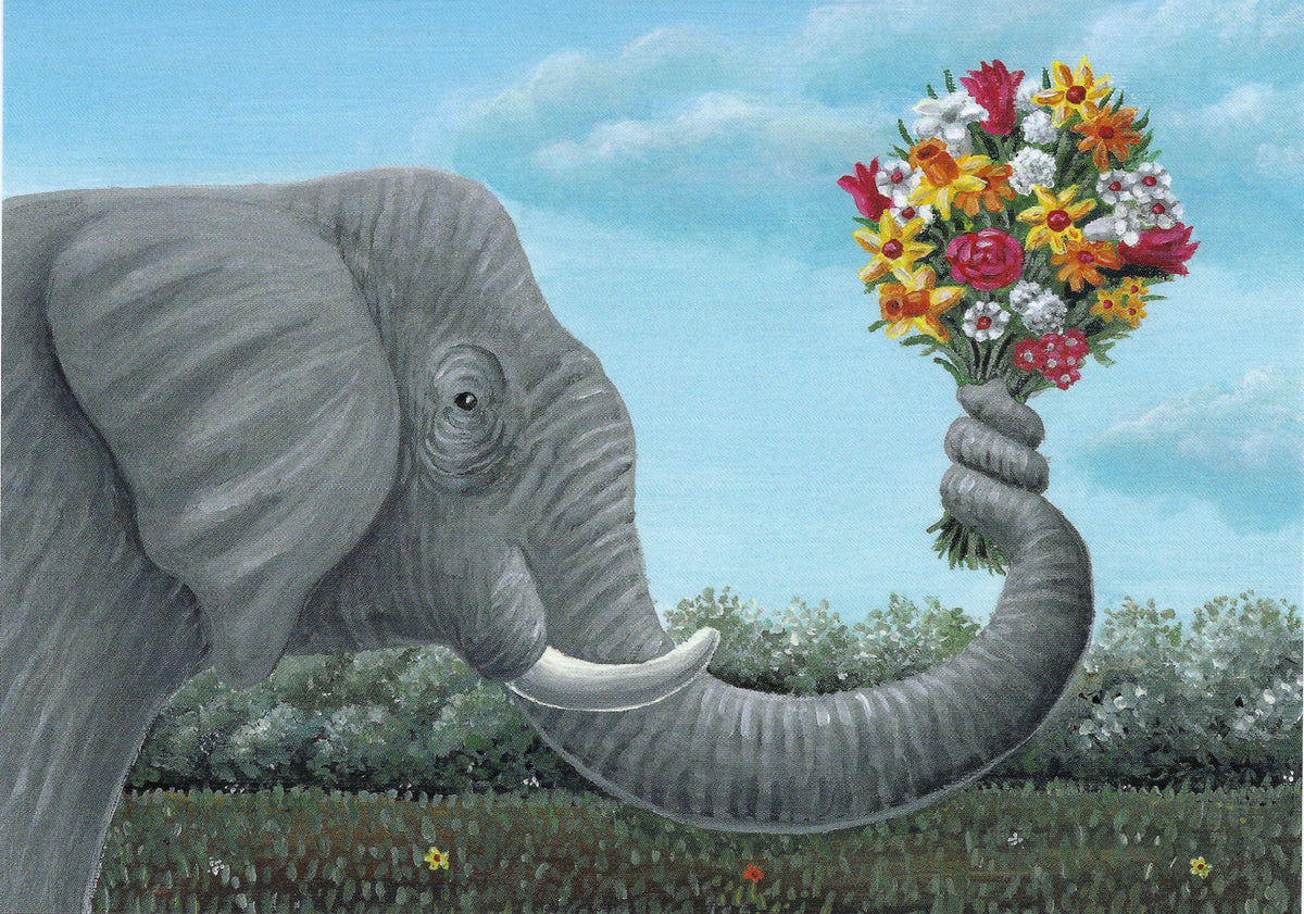 Inkognito Elephant Postcard featuring an illustrated elephant holding a bouquet of flowers in its trunk. Perfect for Postcrossing, snail mail and postcard swaps.