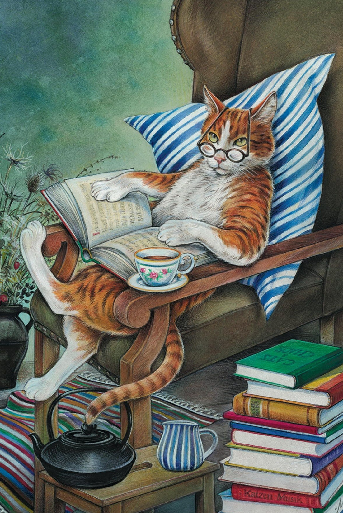 Inkognito postcard featuring an illustration of a cat with glasses sitting in a chair, reading a book, with a cup of tea beside it. There are stacks of books and a plant in the background.