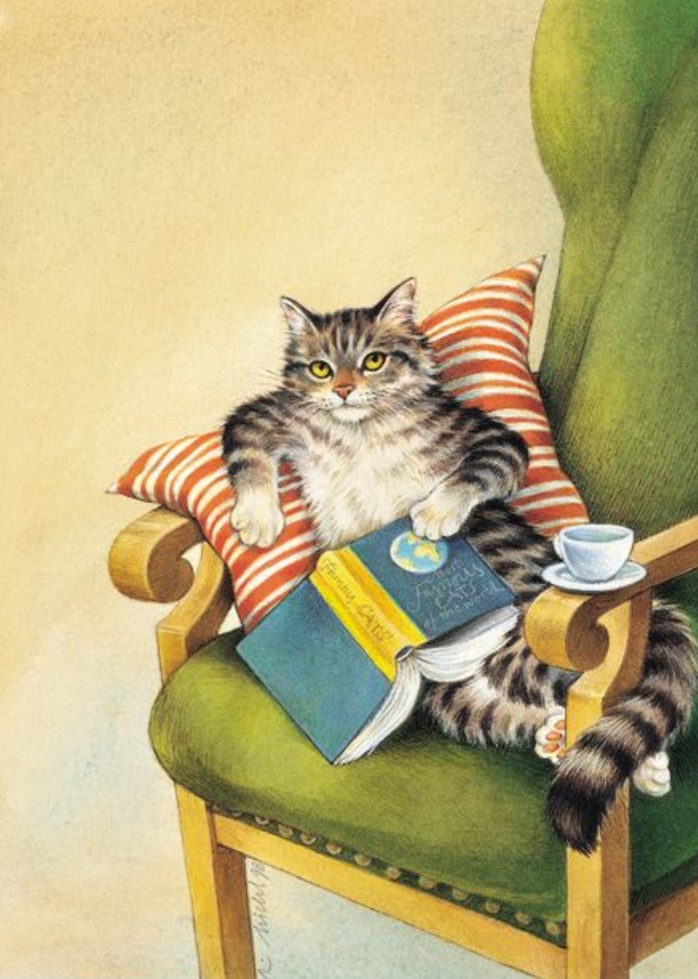 Reading Cat Postcard by Inkognito featuring a cat sitting in an armchair with a book and a cup of tea on the table