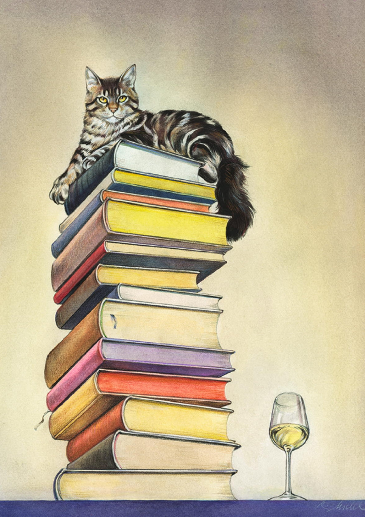 Inkognito postcard featuring a cat surrounded by books and wine—satirical illustration titled ‘The Superiority of the Cat,’ perfect for book and cat lovers, and Postcrossing
