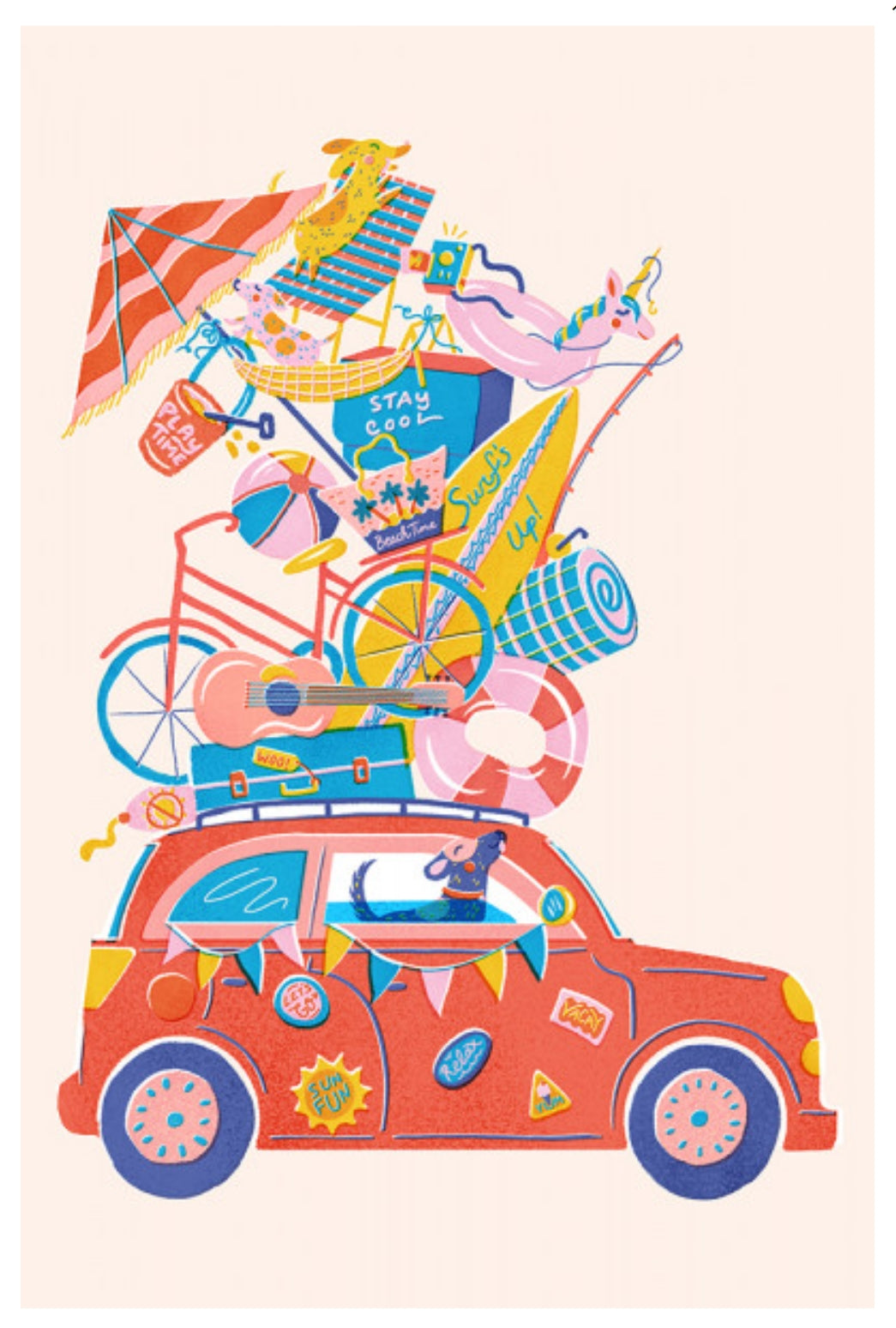 Lantern Press Postcard featuring an illustration of a red car with a dog and summer beach items on the roof