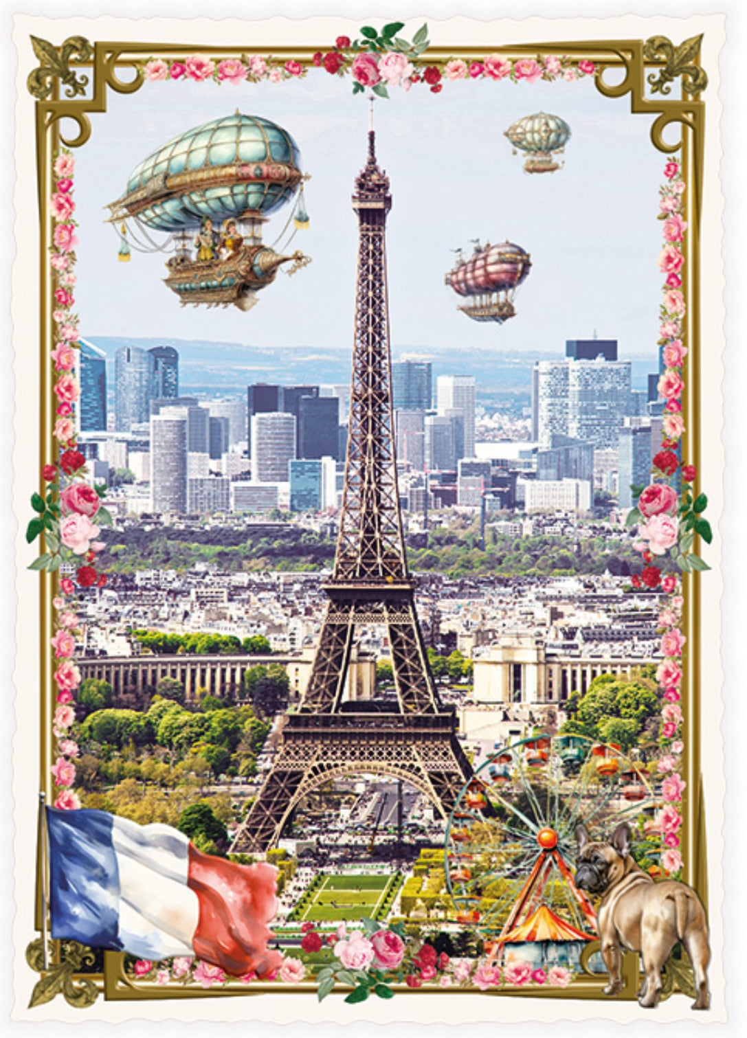 La France Paris Postcard by Edition Tausendschön featuring the Eiffel Tower, the French Flag, a French Bulldog and balloons with the city in the background