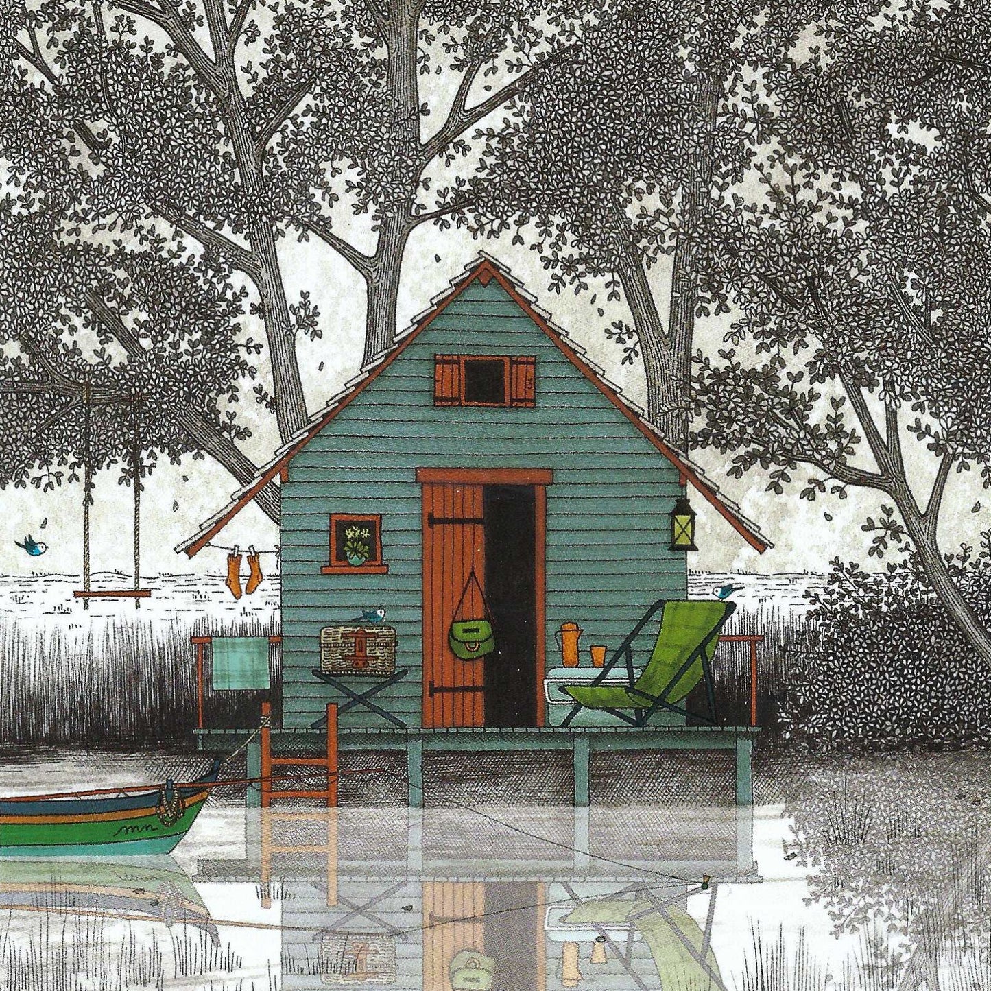 Lake House Postcard by Editions Titi Pinson featuring a small house on a lake with a boat and fishing pole.