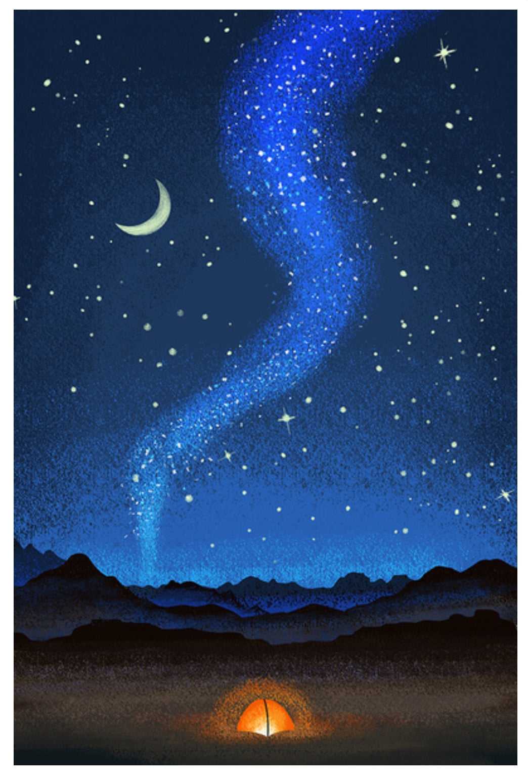 Lantern Press Postcard with Starry night sky, moon, and glowing campfire on a mountain landscape.