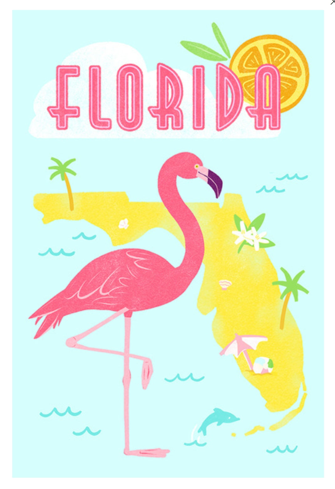 Lantern Press - Florida - Flamingo and State Icon - Map - Postcard