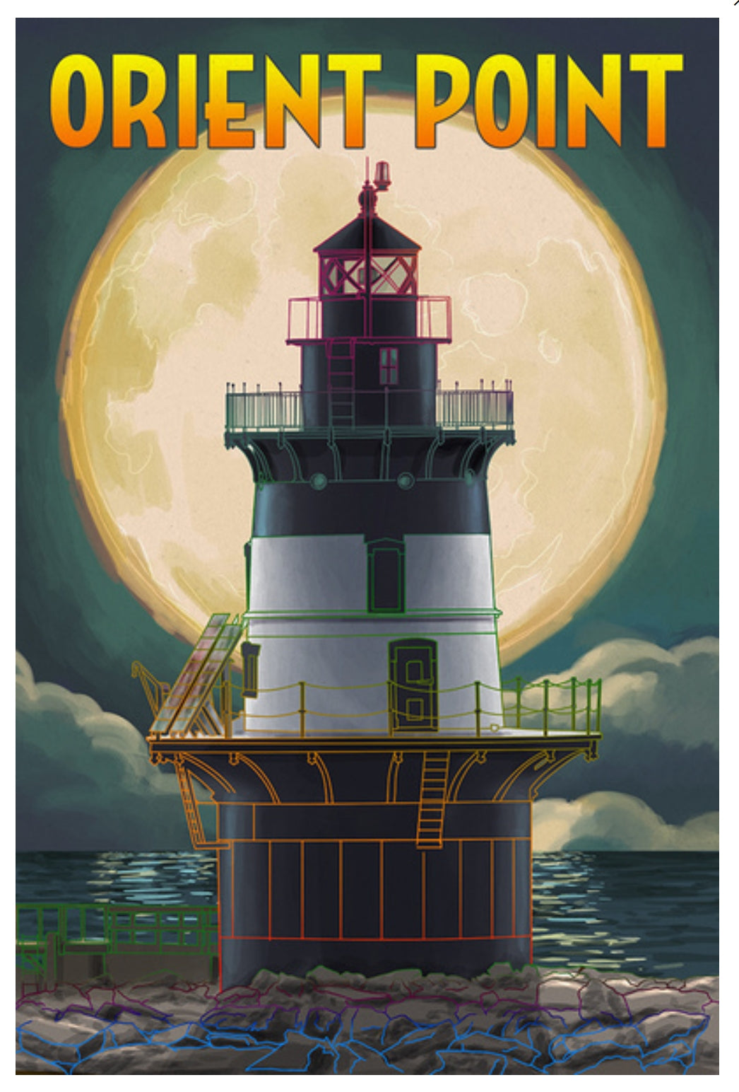 Lantern Press - New York - Orient Point - Lighthouse - Full Moon - Postcard