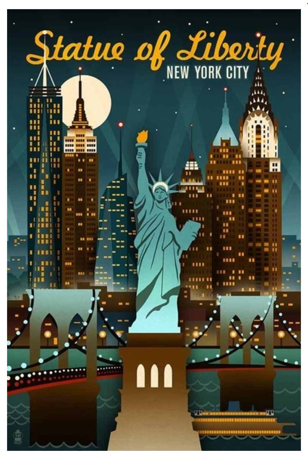Lantern Press - New York City - New York - Statue of Liberty - Retro Skyline - Postcard