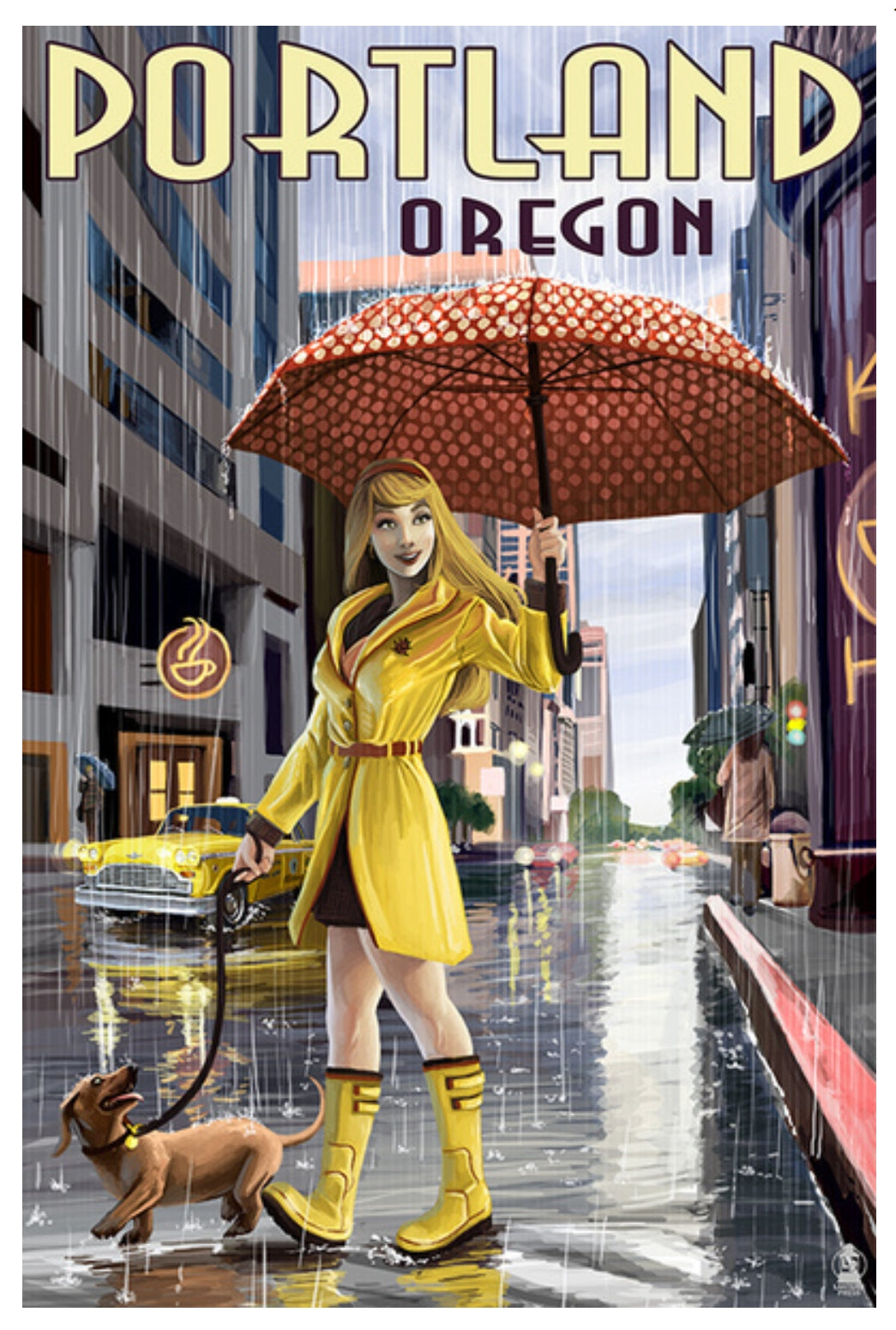 Lantern Press - Portland - Oregon - Rain Girl - Dog - Umbrella - Postcard