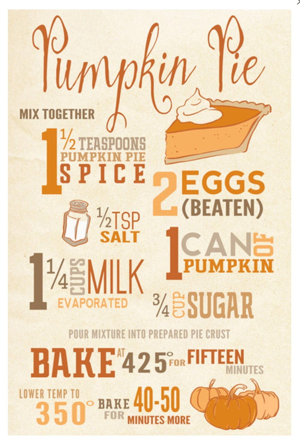 Pumpkin Pie Recipe postcard by Lantern Press featuring vintage-style typography and warm fall tones—ideal for Thanksgiving swaps, snail mail fans, and recipe collectors.