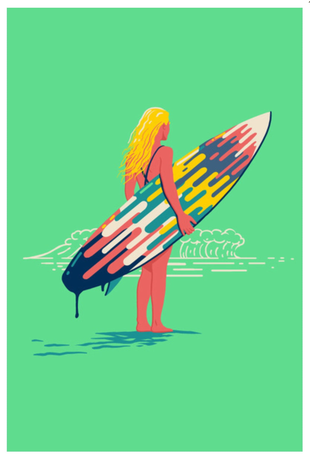 Lantern Press postcard featuring an illustration of a person with a surfboard