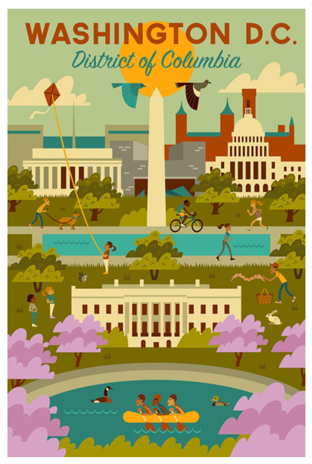 Lantern Press - Washington DC - Geometric - Cherry Blossoms - Washington Monument - Capitol - White House - Postcard