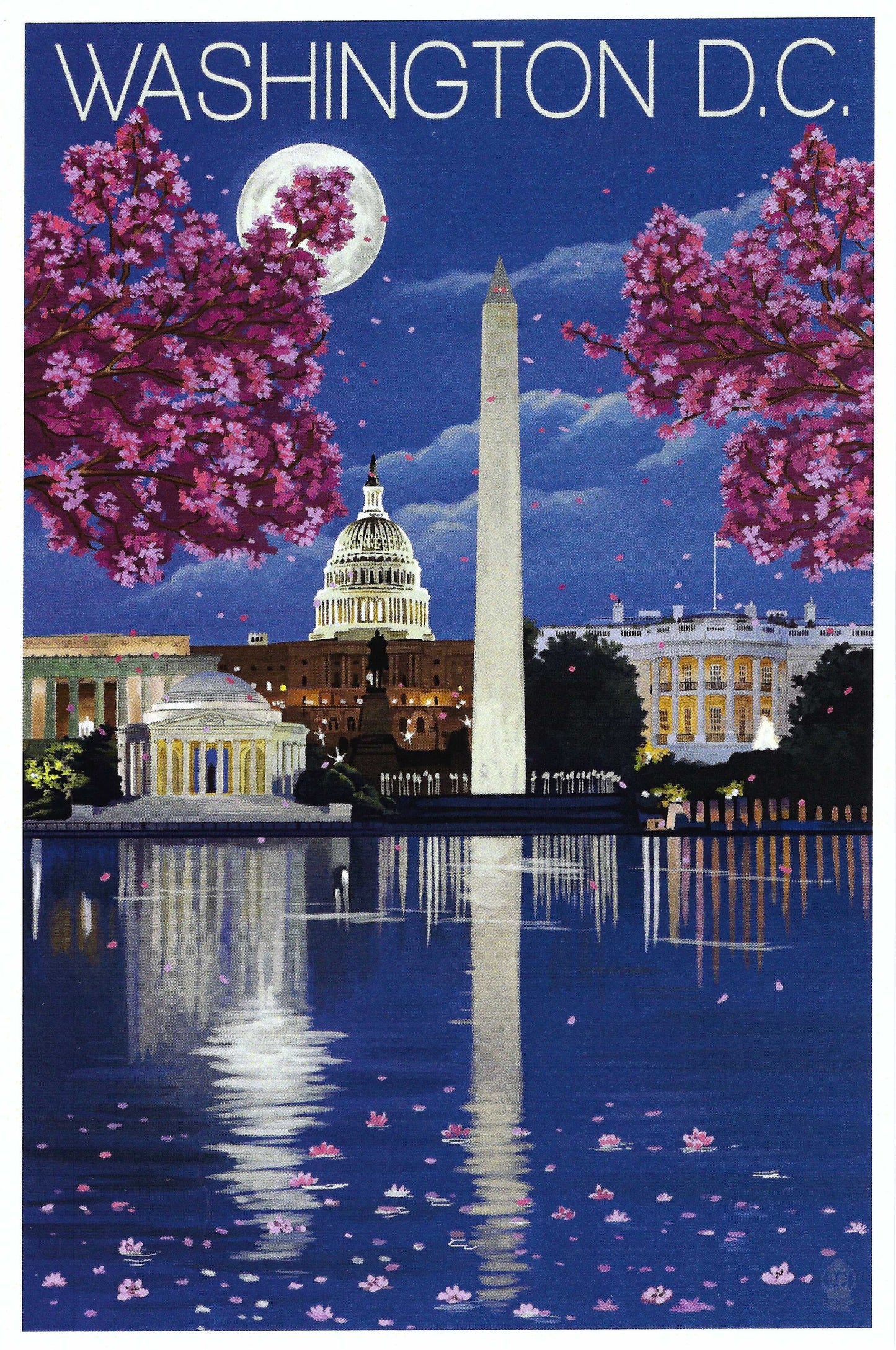 Lantern Press - Washington DC - Night Scene - Full Moon - Cherry Blossoms - Washington Monument - Capitol - White House - Postcard