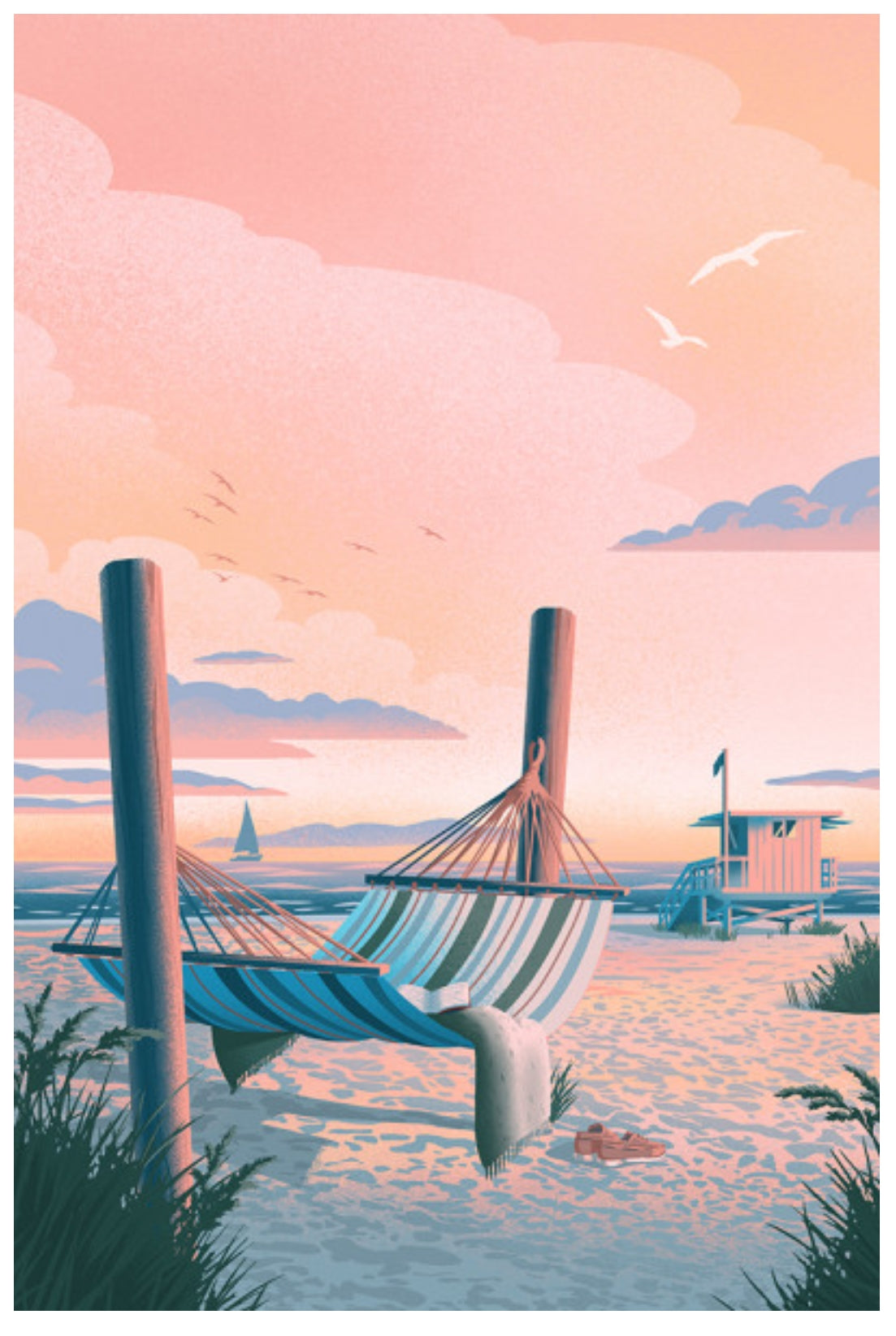 Lantern Press Postcard - Salt Air, No Cares featuring a Hammock on a beach with sunset in the background