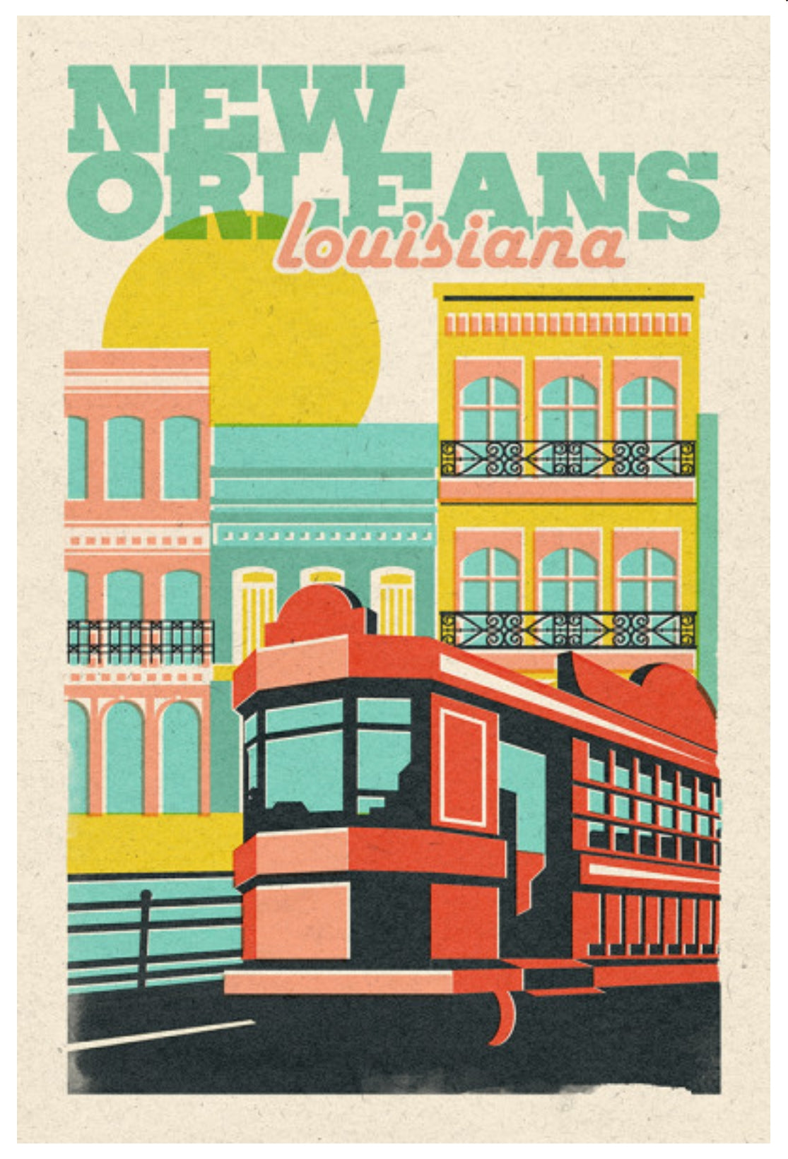 Lantern Press Postcard - New Orleans, Louisiana featuring a colorful illustration of a streetcar in New Orleans with buildings and a sun in the background.
