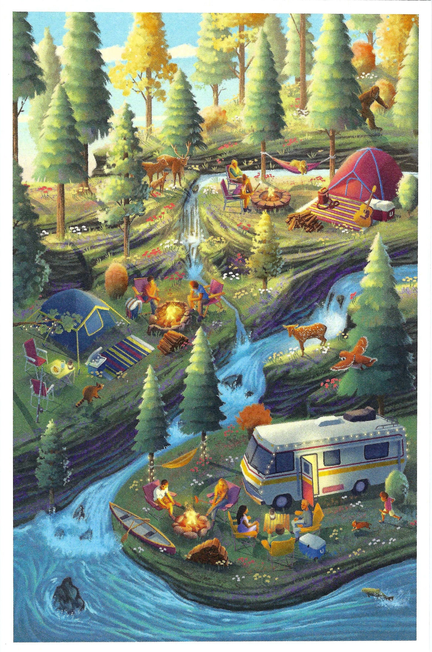 Lantern Press Postcard with Illustration of a campsite with tents, RVs, and people around a campfire by a river with trees in the background.