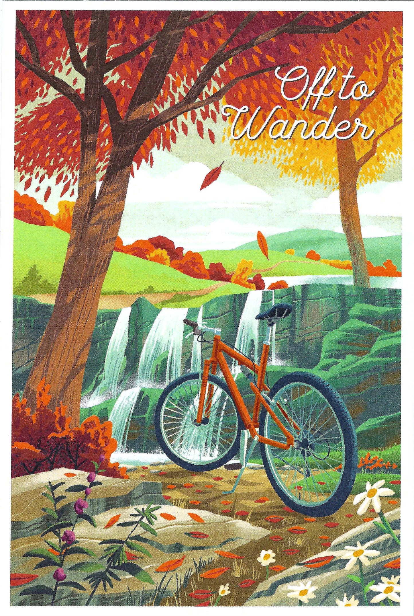 Autumn Postcard - bicycle by a waterfall - Lantern Press