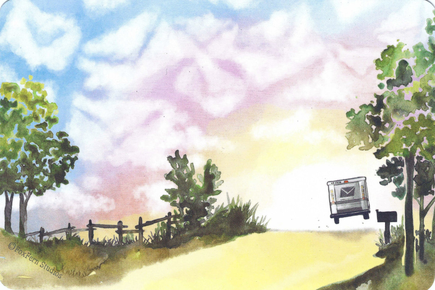Last Stop Mail Truck Postcard by FoxFern Studios featuring a mail truck catching a little air over the hill, as it rides off into the sunset. The sky is filled with beautiful envelope shaped clouds. Perfect for Postcrossing and snail mail swaps.